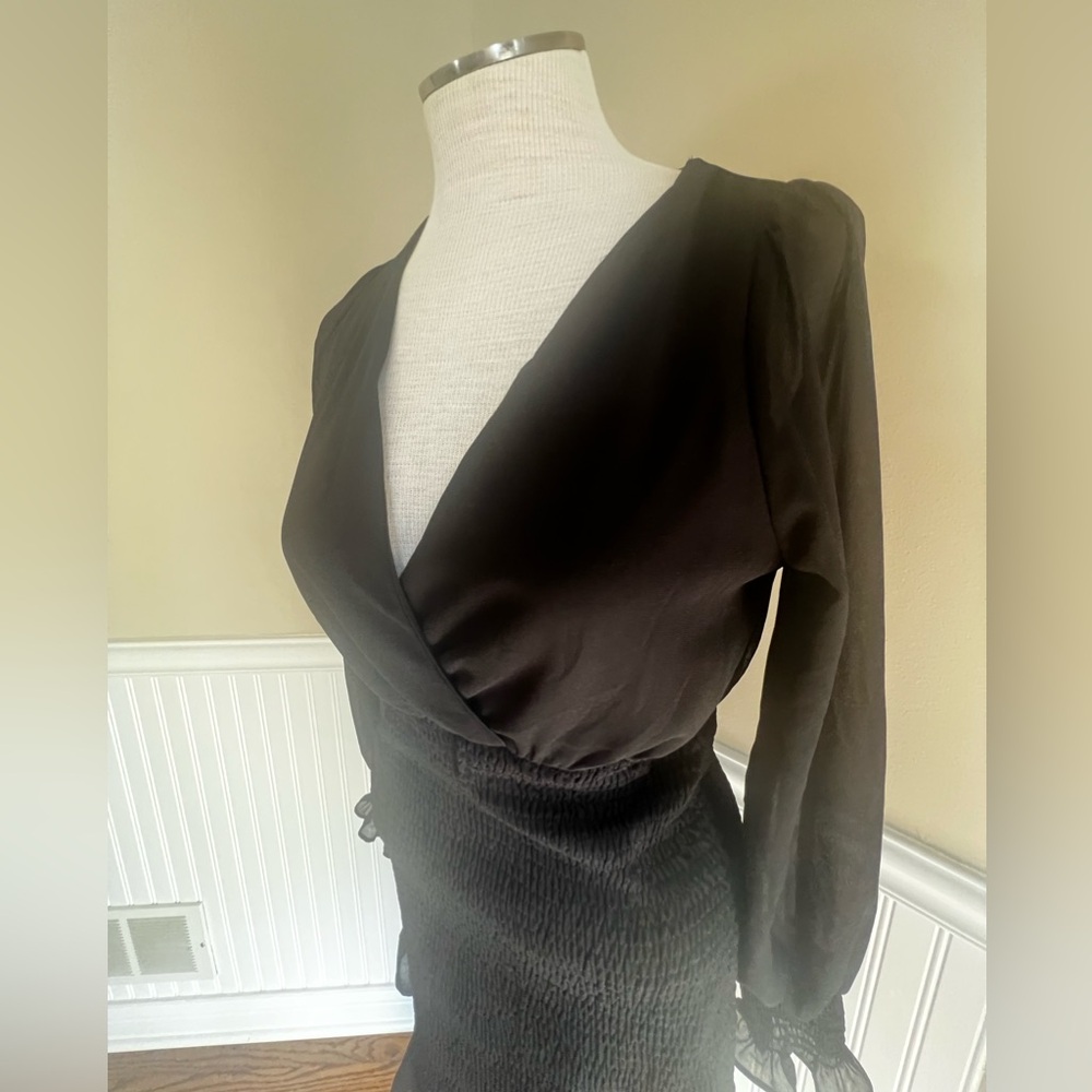 Hyfve Women’s Black Sheer Sleeve Fitted Smocked Dress  great condition S - Picture 2 of 10